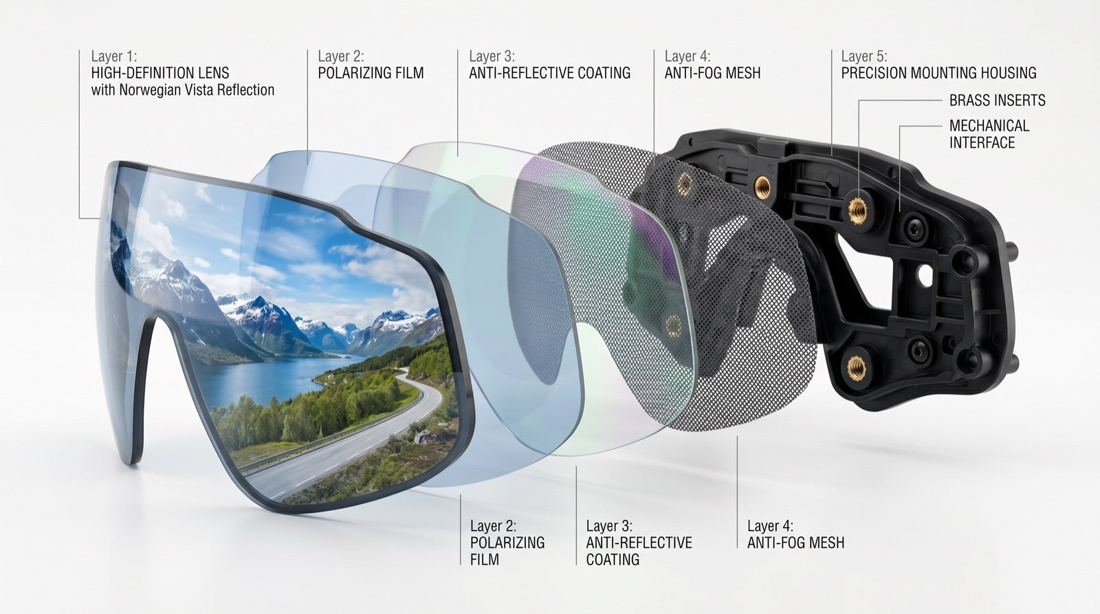 Exploded view of the TriEye mirror lens stack: high-definition lens, polarizing film, anti-reflective coating, anti-fog mesh, and precision mounting housing
