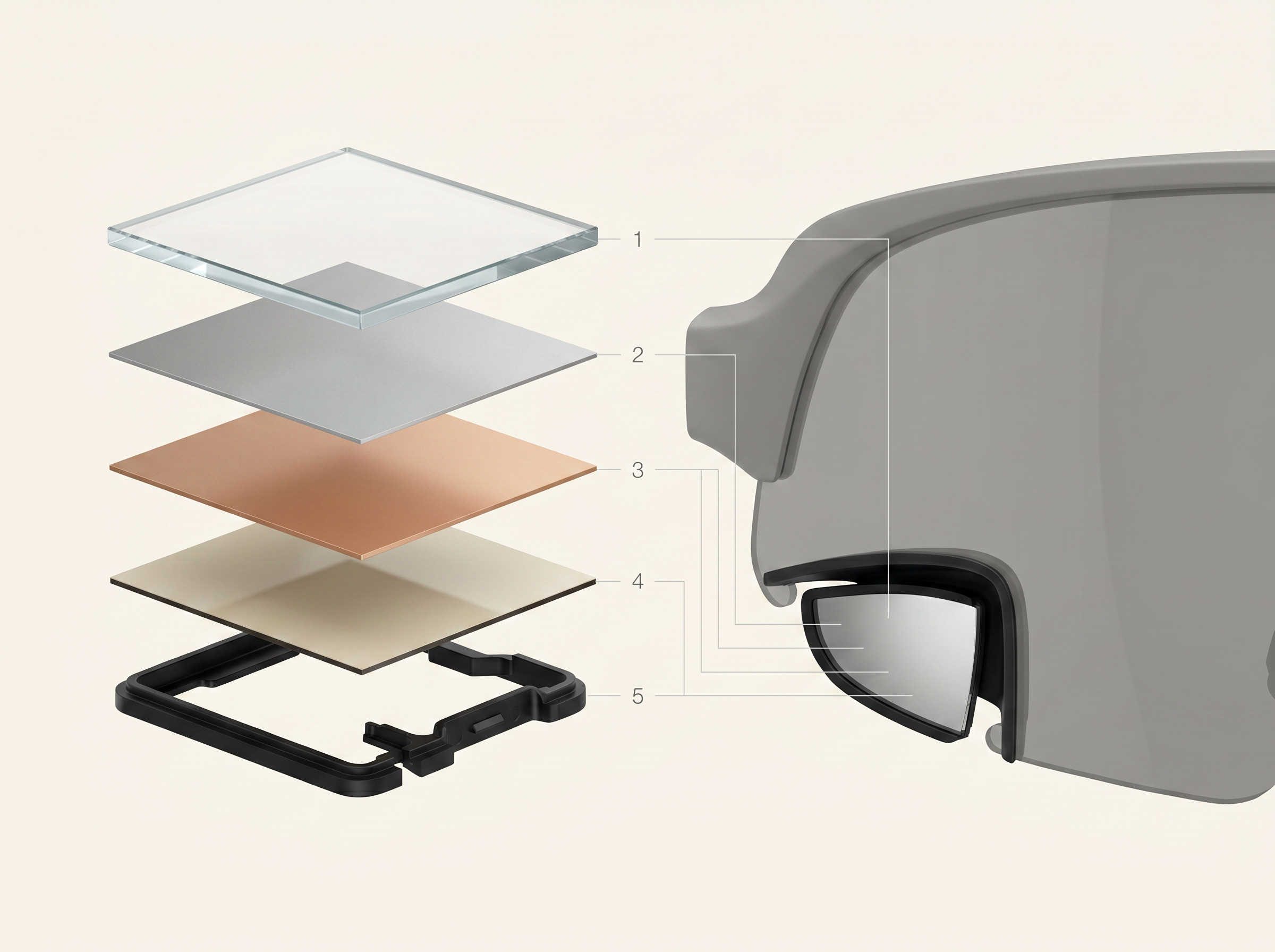 The TriEye mirror element: optical glass front, aluminium reflective coating, copper and lacquer backing, bonding adhesive, and precision-moulded carrier