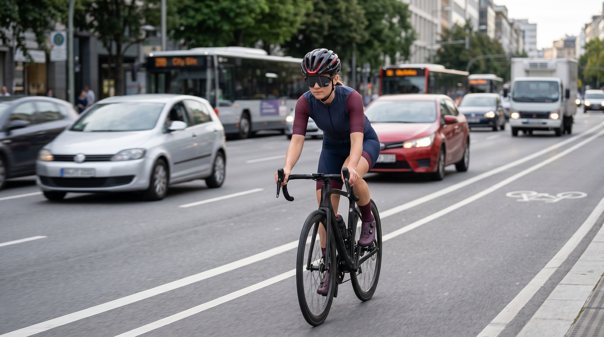 A road cyclist staying aware in city traffic, wearing TriEye The View