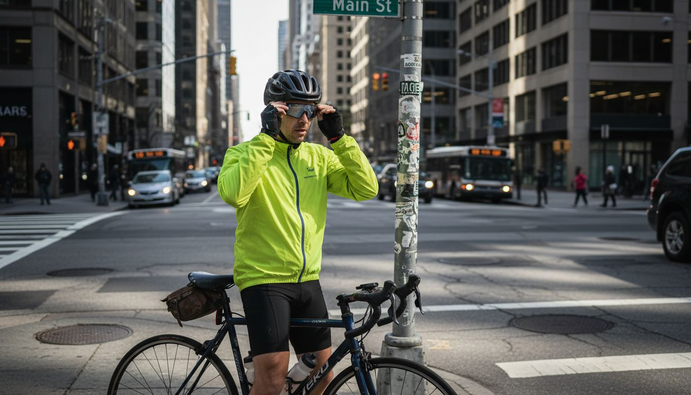 Urban cyclist adjusting safety eyewear