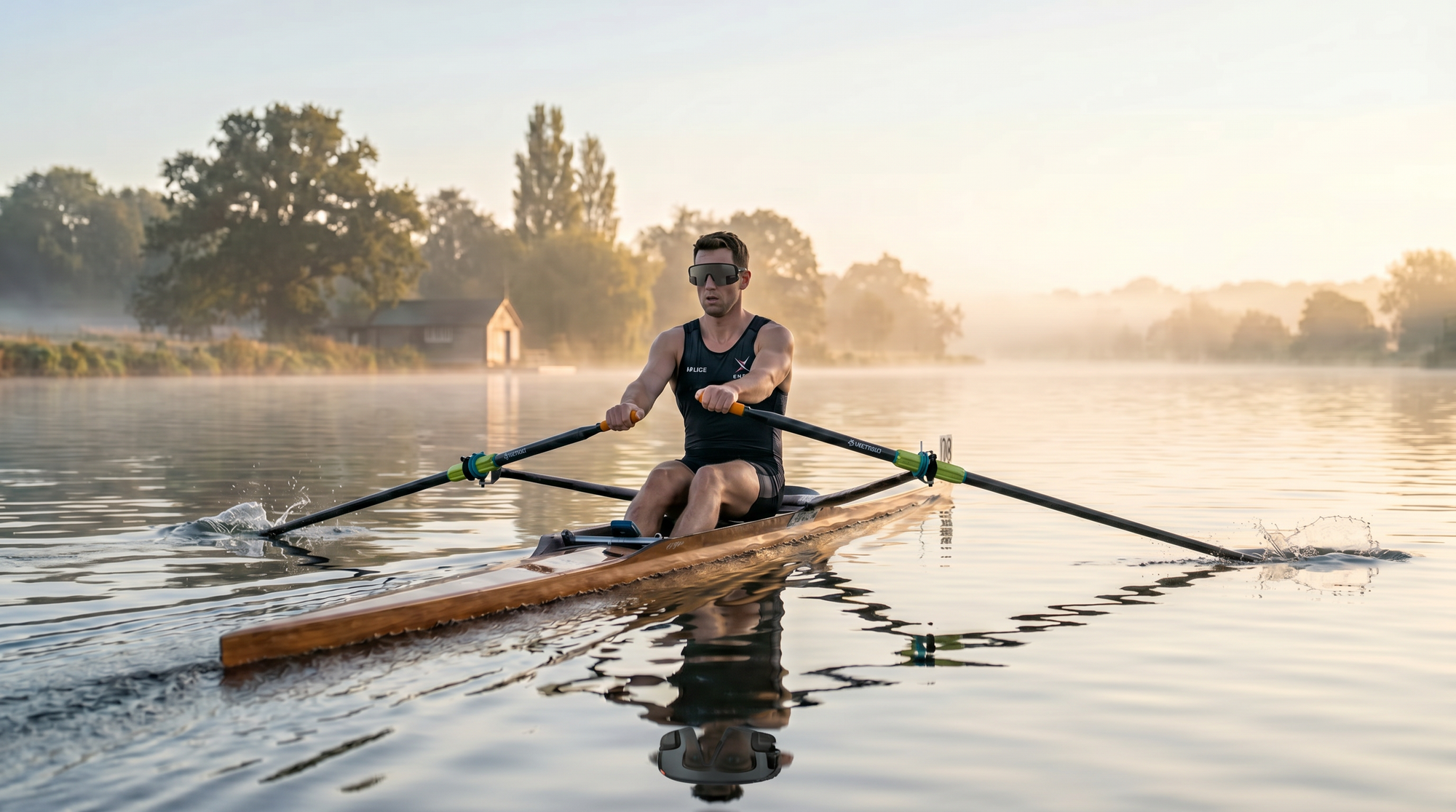A sculler at dawn wearing the dual-mirror TriEye The View