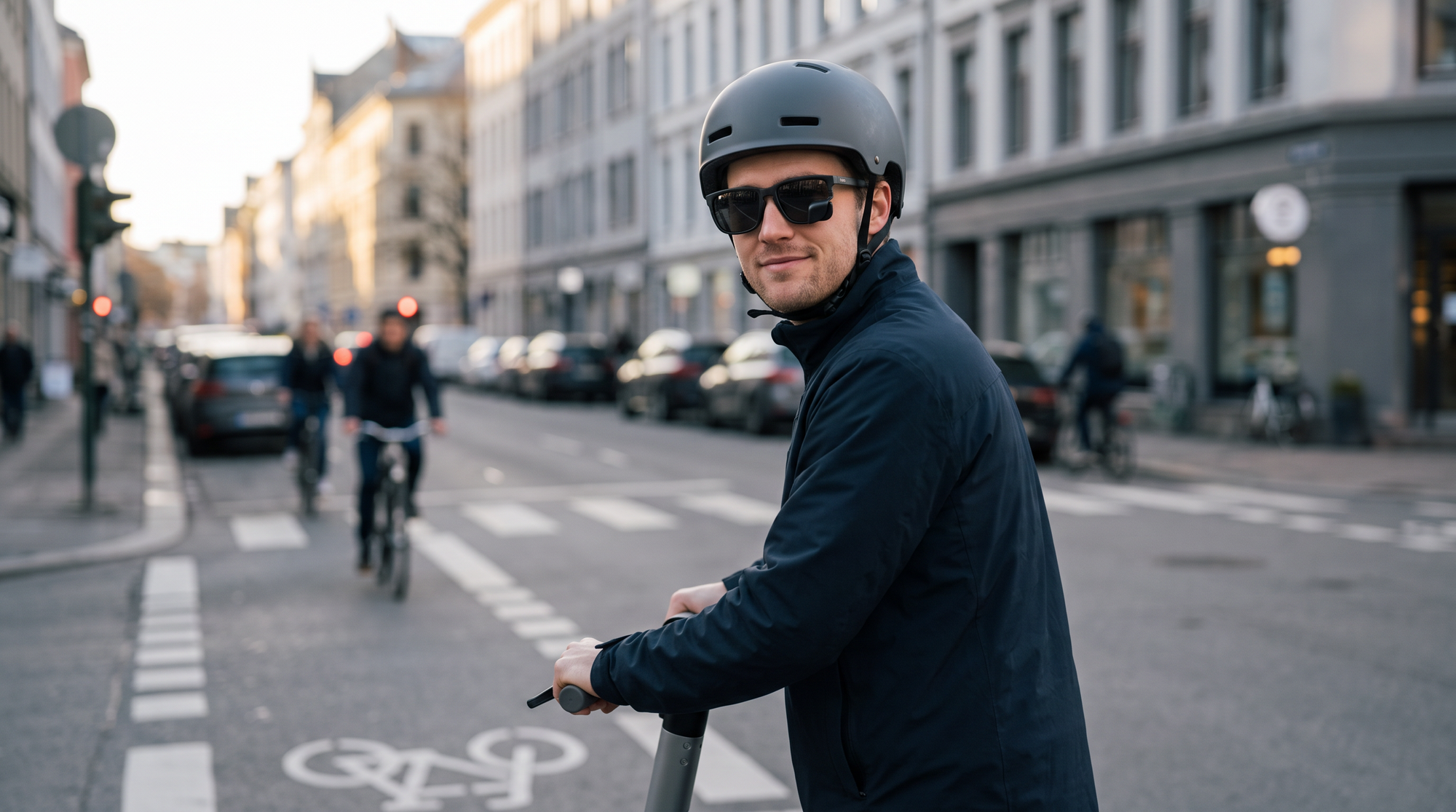 Commuter riding an electric scooter through a city bike lane at dawn, wearing matte-charcoal TriEye sunglasses and a helmet, glancing toward the camera