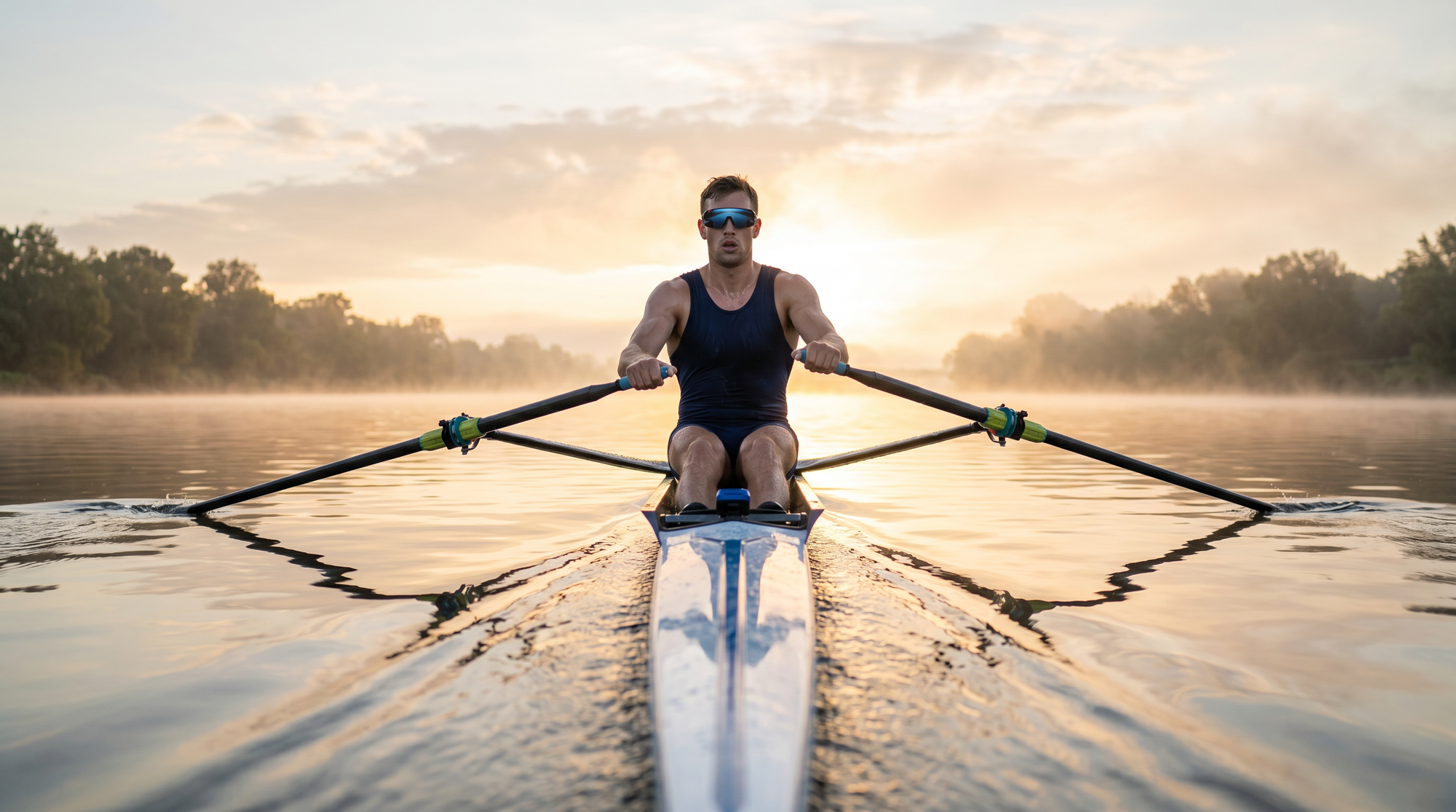 A sculler holding a straight line at dawn, wearing the dual-mirror TriEye The View