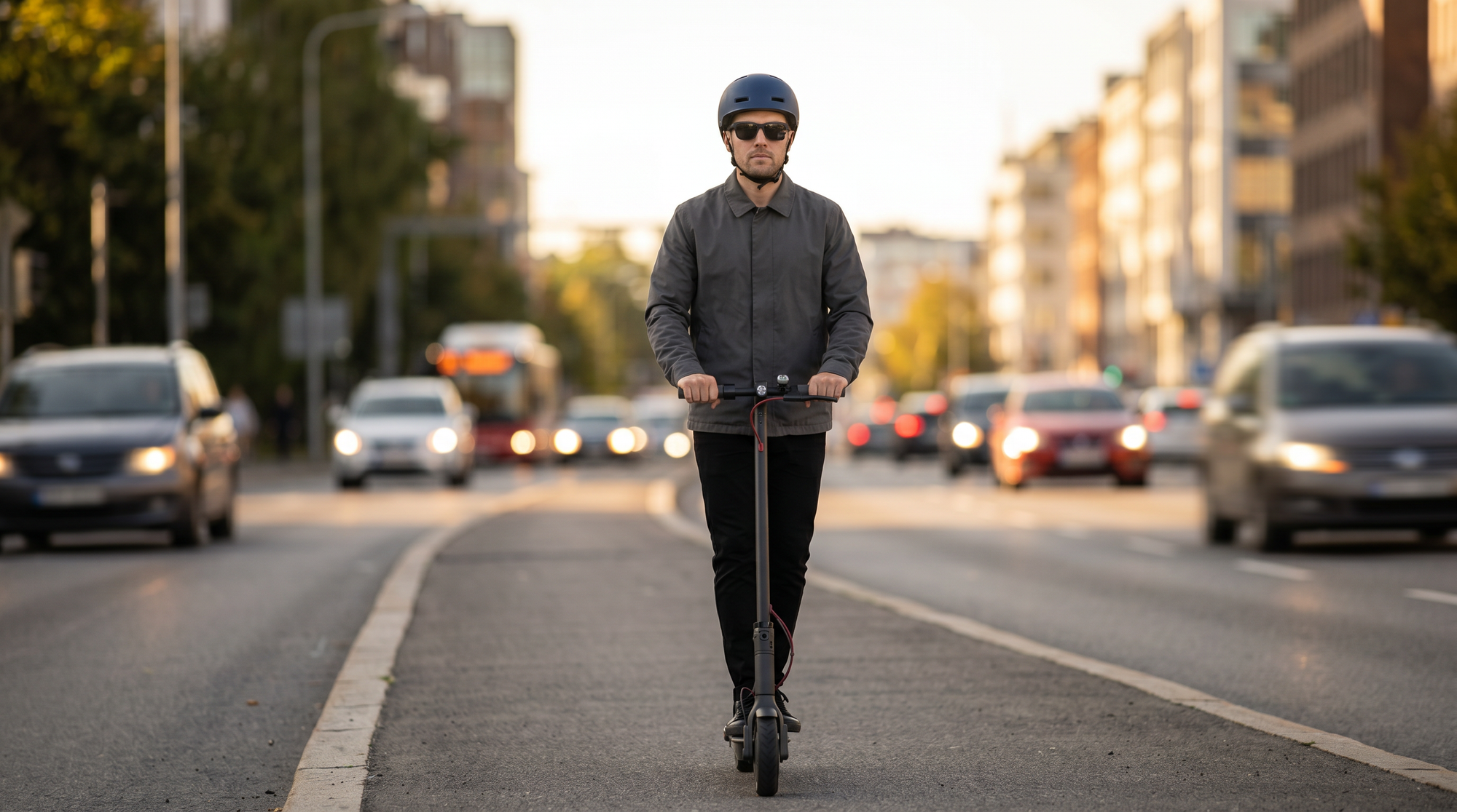 A city e-scooter commuter wearing a helmet and TriEye The Classic, aware of traffic