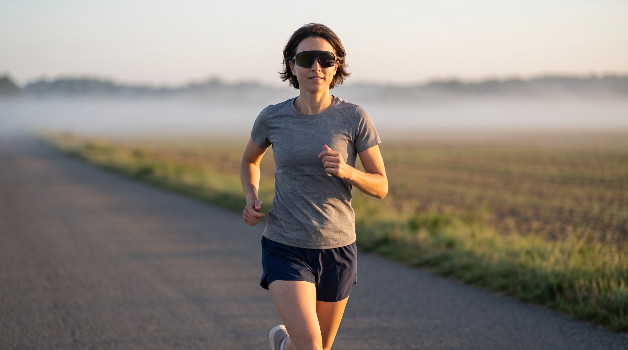 A runner on a quiet country road at sunrise wearing TriEye sport sunglasses with a rear-view mirror set into the left side of the lens