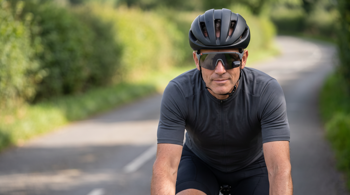 Cyclist wearing a helmet and TriEye The View rear-view mirror cycling sunglasses riding on a quiet country road