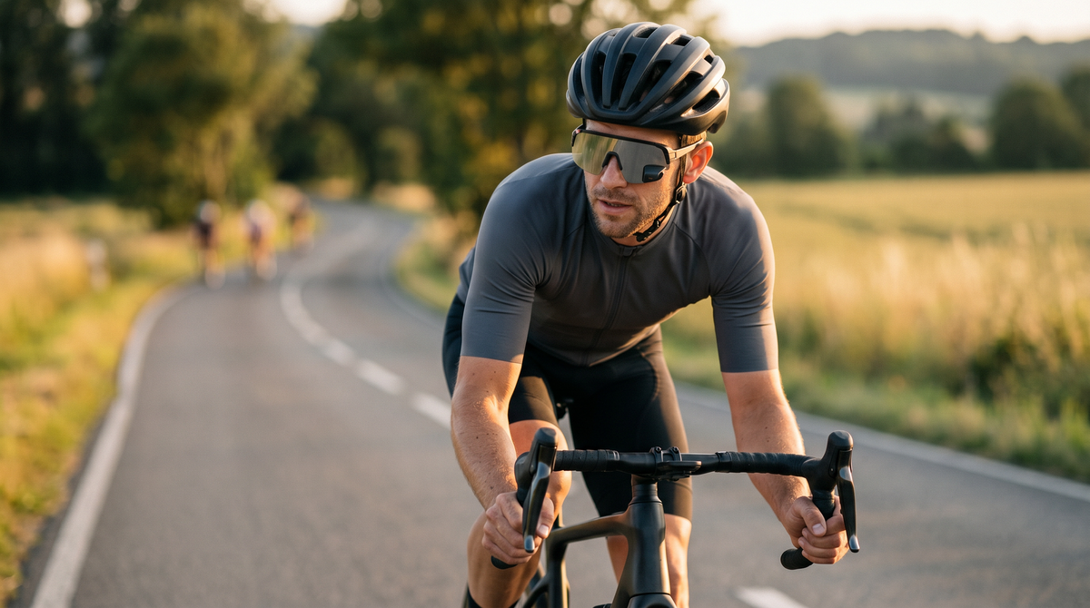 Road cyclist in plain unbranded kit and helmet wearing TriEye The View sport sunglasses with an in-lens rear-view mirror, riding a quiet road at golden hour