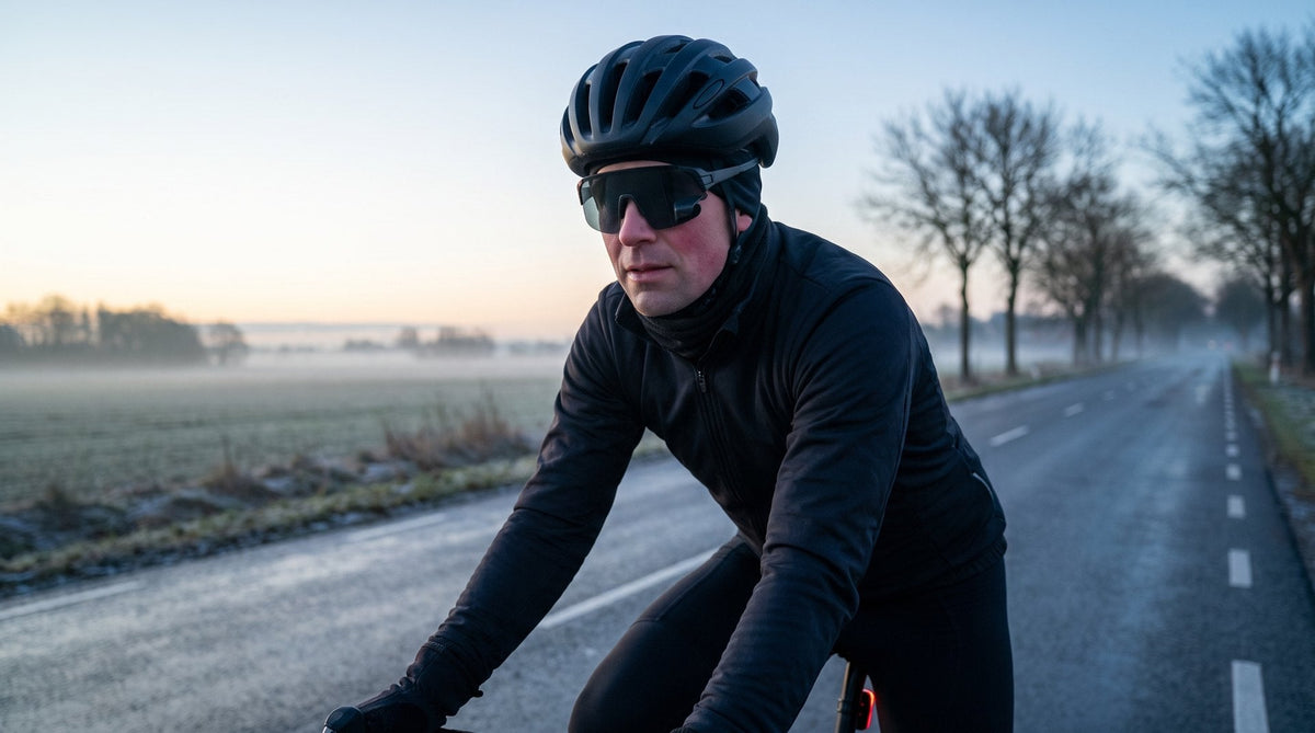 Road cyclist in winter kit and helmet riding a misty country road at dawn, wearing The View sport sunglasses with a rear-view mirror in the lens