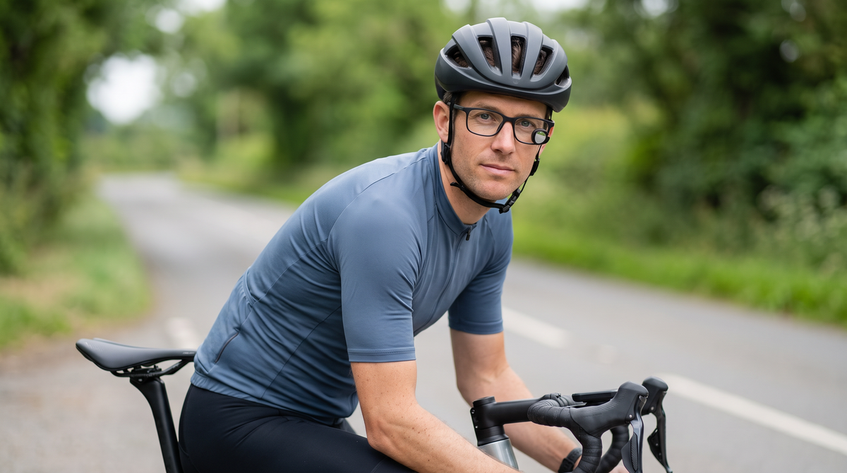 Cyclist wearing everyday prescription glasses with a small clip-on rear-view mirror at the outer edge of the frame, stopped on a quiet country road