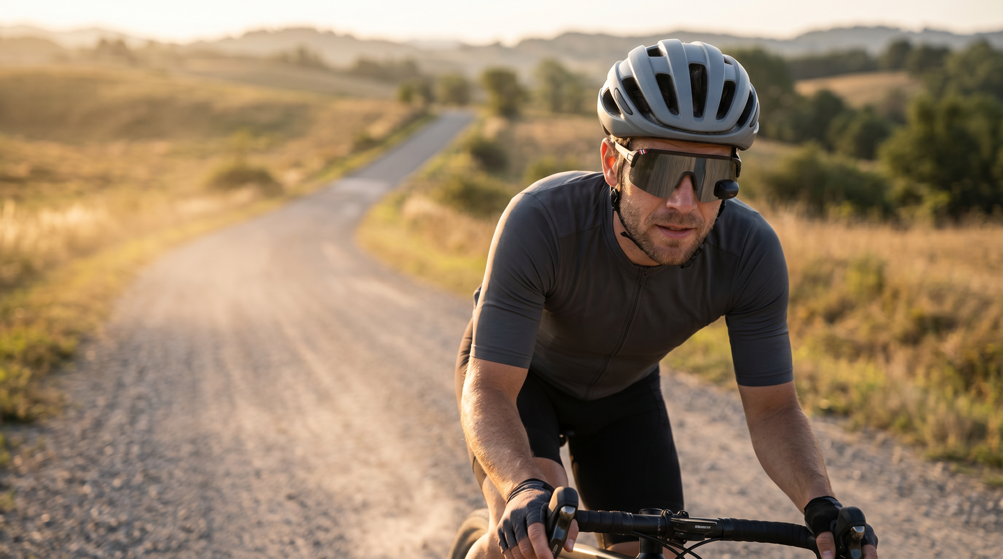 Gravel cyclist in sport wraparound mirror sunglasses and helmet on a quiet gravel road meeting open tarmac in golden morning light