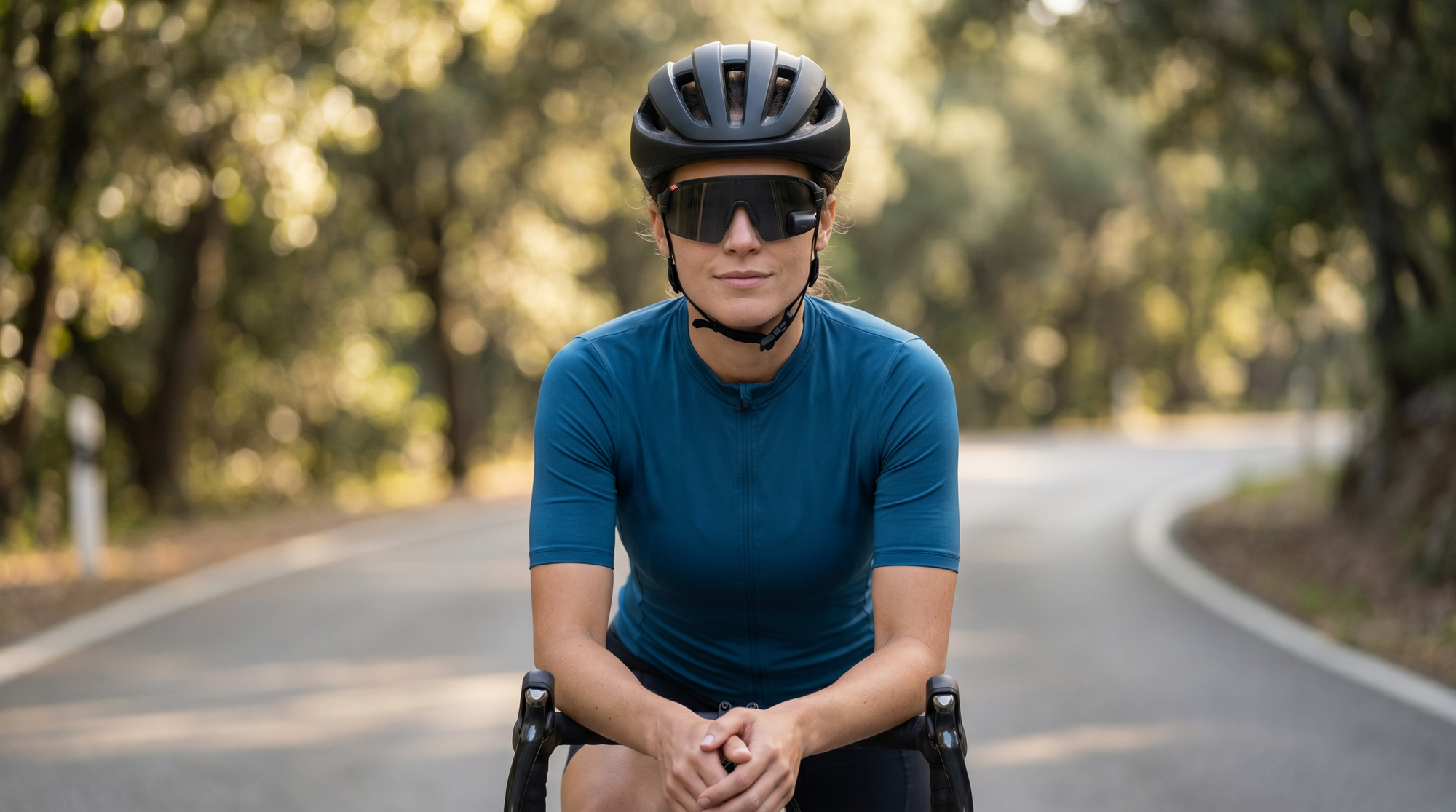 A confident woman road cyclist riding in soft morning light, wearing sport sunglasses with an integrated rear-view mirror