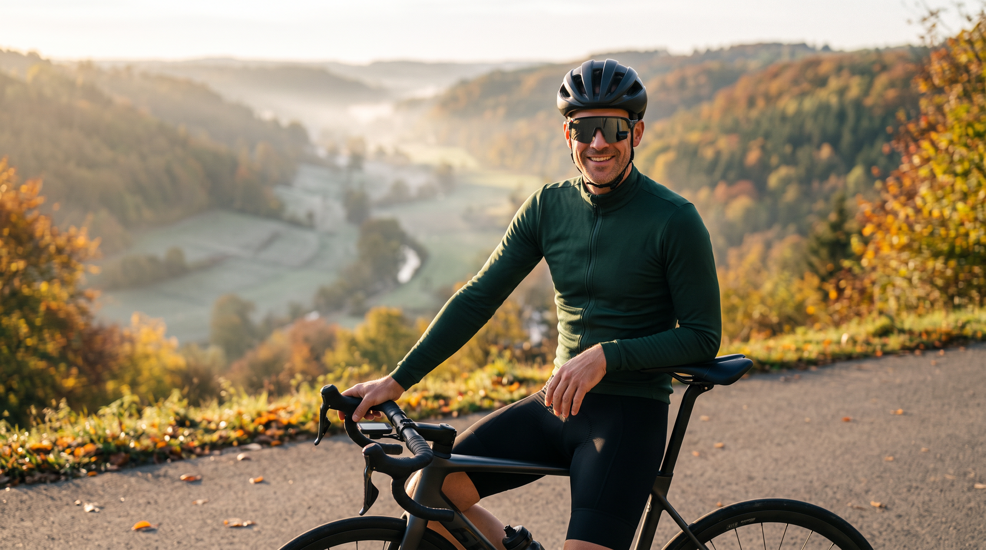 A road cyclist in a helmet and rear-view mirror sunglasses smiling toward the camera on a crisp autumn morning ride