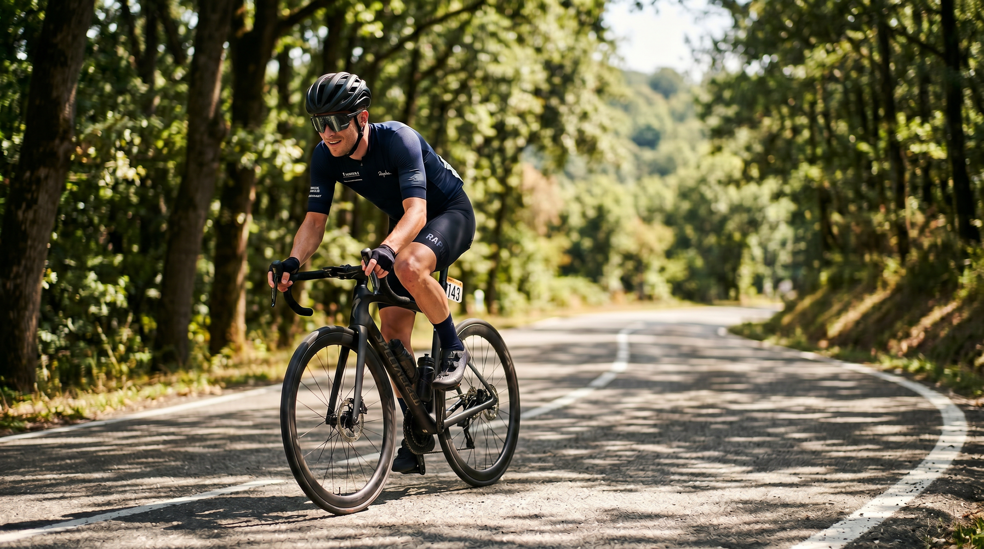 A cyclist in dappled sunlight wearing TriEye The View