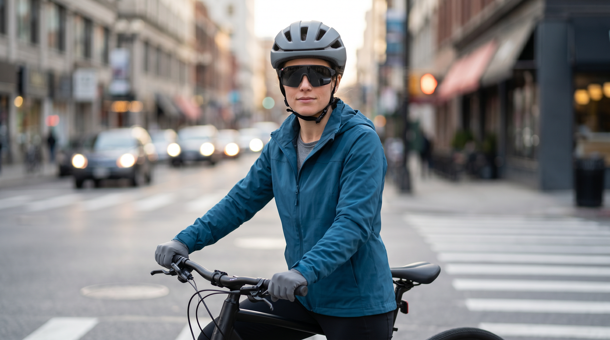 Urban bike commuter at a city intersection wearing TriEye rear-view mirror sunglasses