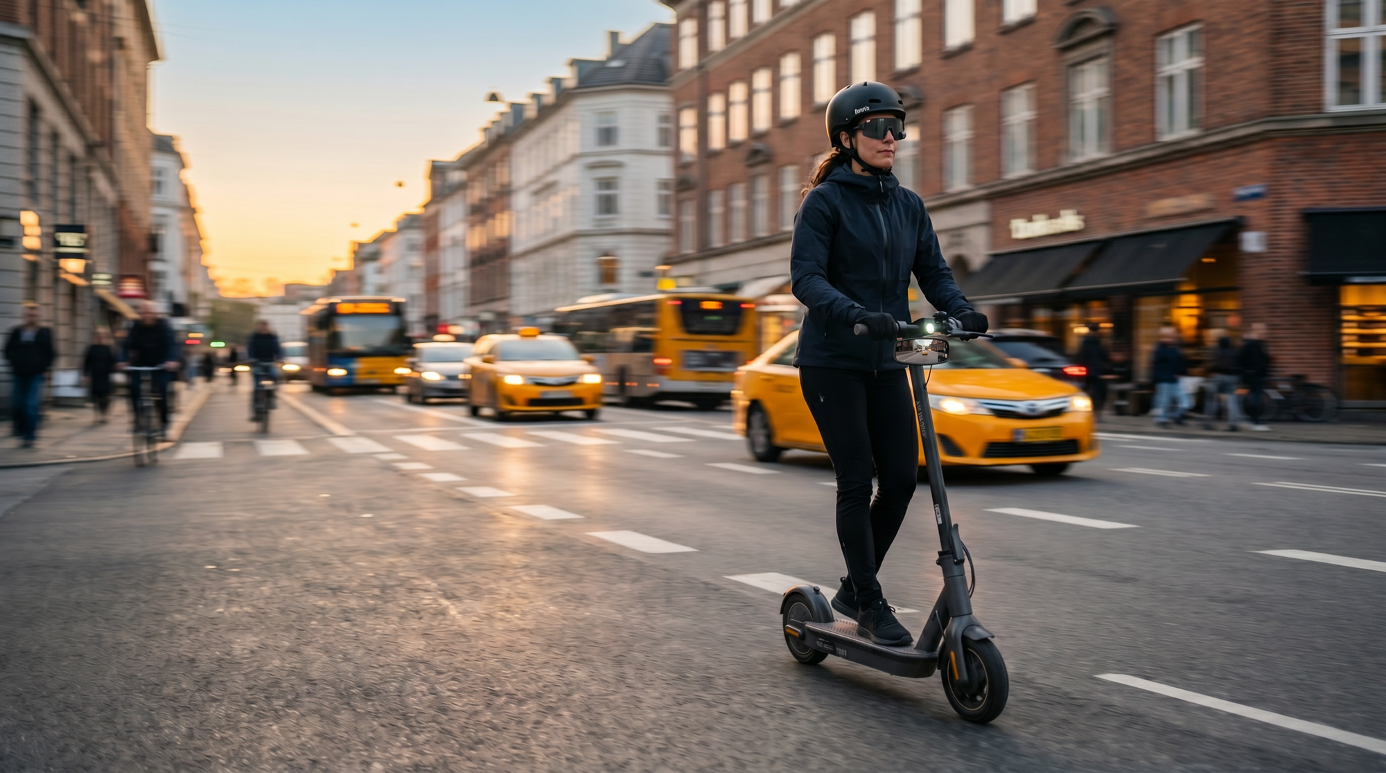 An e-scooter commuter wearing a helmet and TriEye The View
