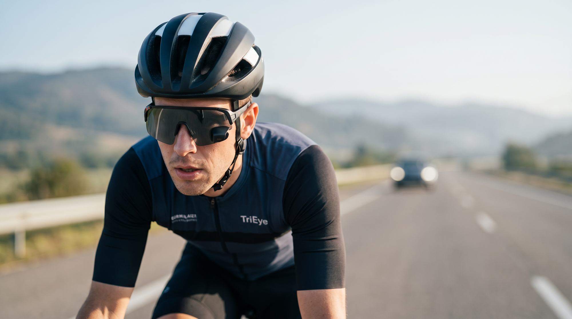 Road cyclist in a helmet wearing TriEye sunglasses with a single rear-view mirror in the left lens on an open road