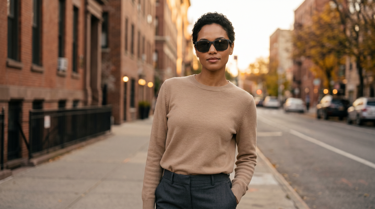A person wearing The Classic everyday rear-view mirror sunglasses on a city sidewalk in golden-hour light