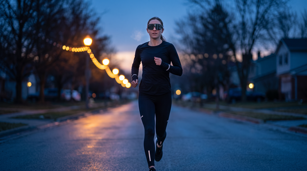 Runner on a quiet suburban street in blue pre-dawn light, wearing TriEye single-shield sport sunglasses with the rear-view mirror built into the lens