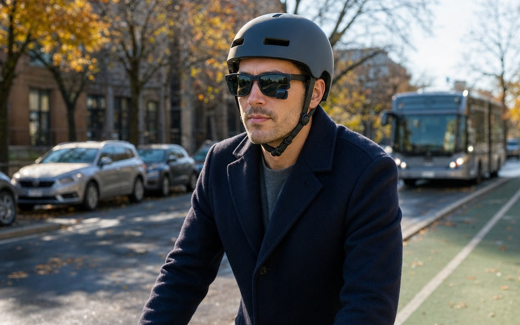 A commuter on an electric scooter in a city bike lane wearing The Classic sunglasses with a rear-view mirror in the lens, helmet on