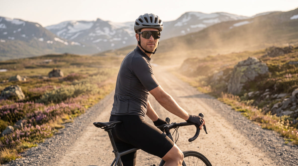 Road cyclist on a dusty gravel mountain road in Norway wearing TriEye The View sunglasses with an integrated rear-view mirror