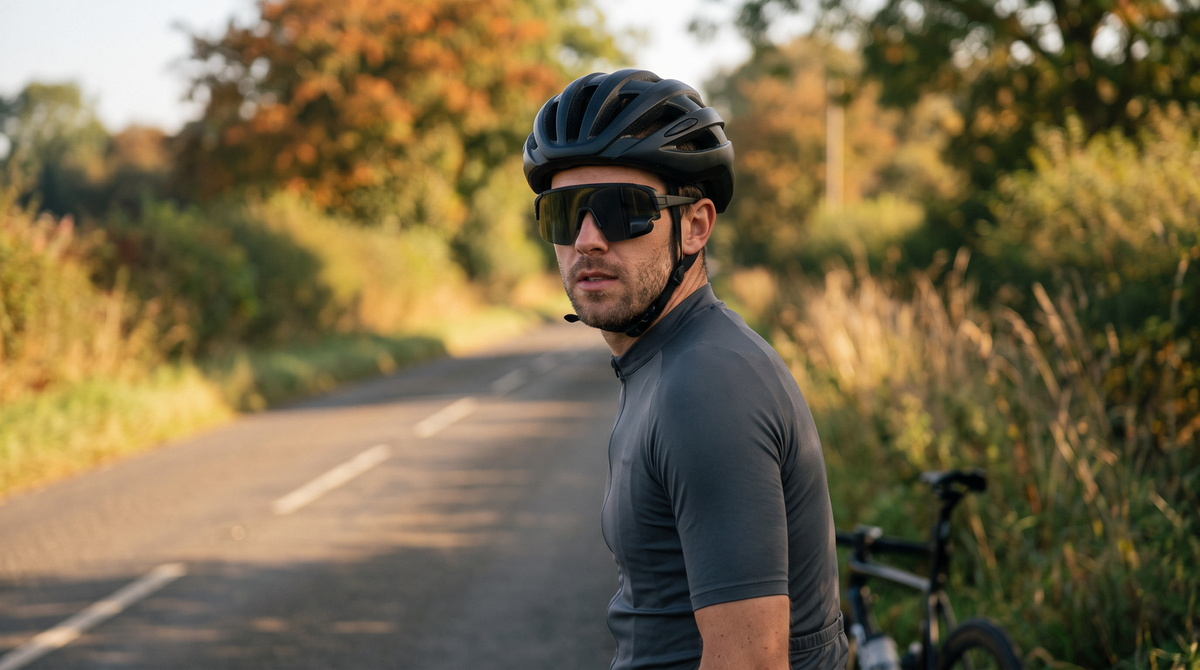 Road cyclist in a matte black helmet and sport wraparound sunglasses on a quiet rural road in low autumn morning light