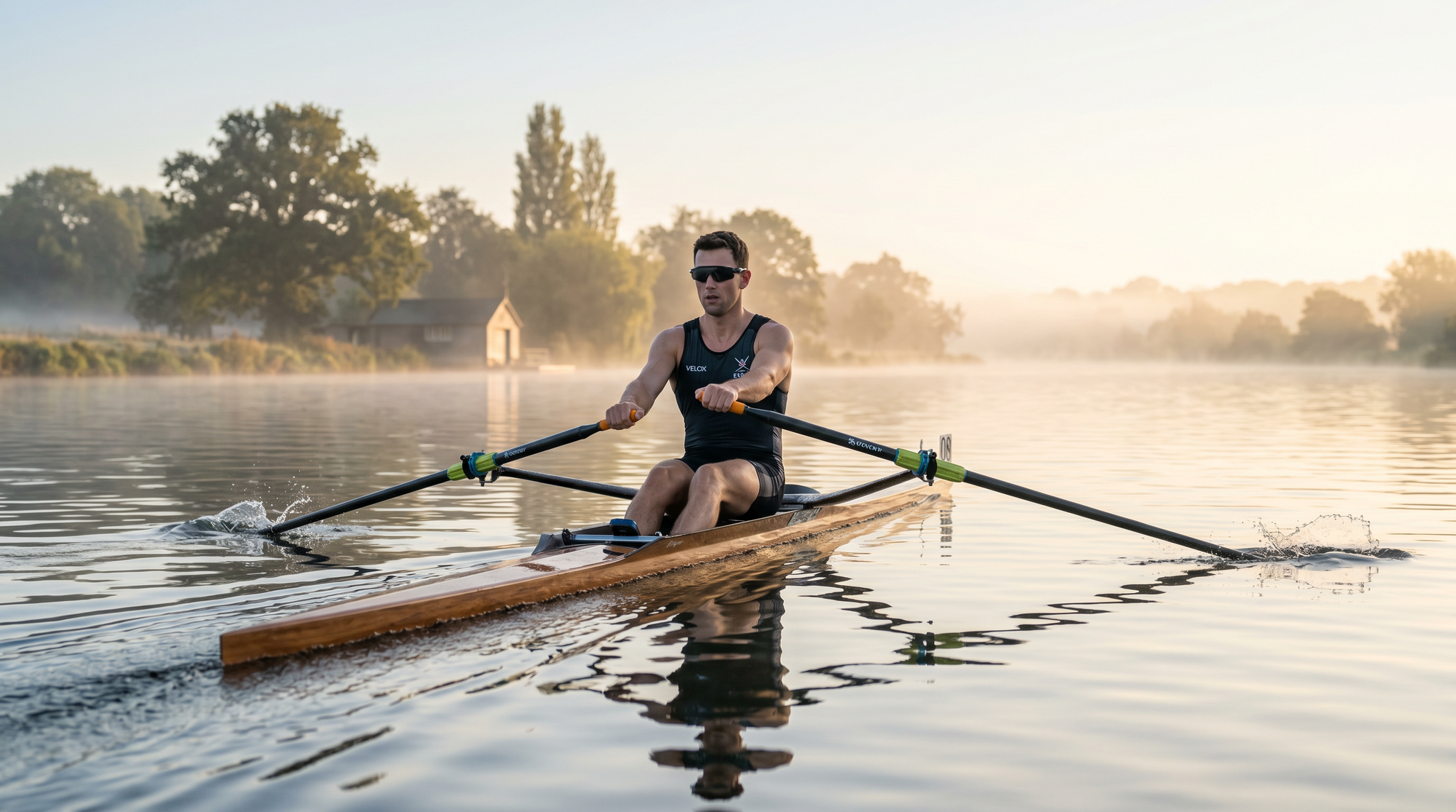 A single sculler rowing at dawn on calm misty water
