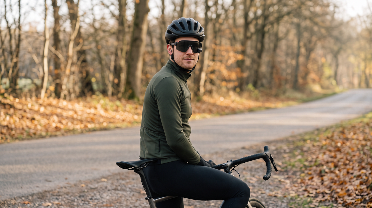 A road cyclist in a helmet and rear-view mirror sunglasses paused on a country road on a cold late-autumn morning, looking toward the camera