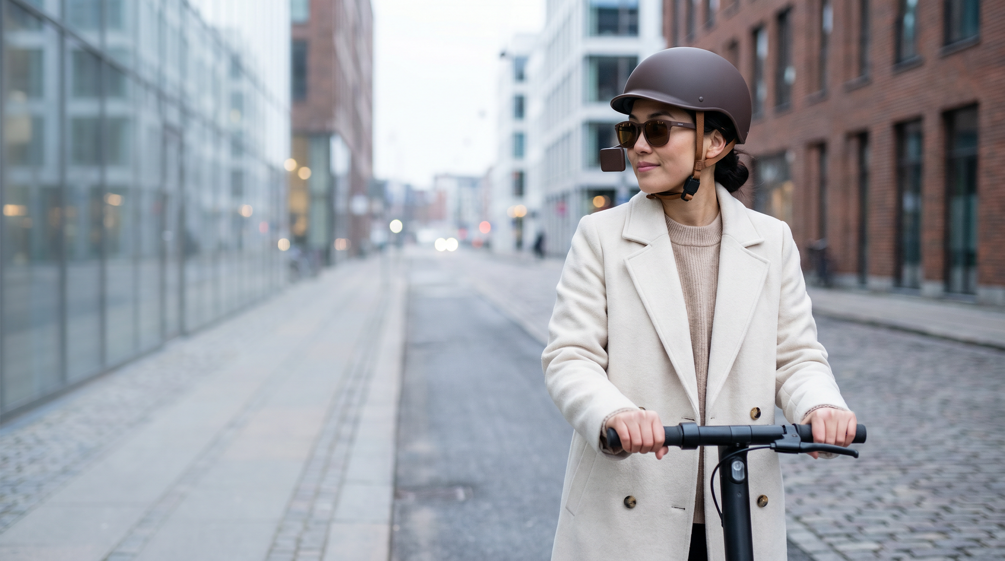Woman in cream coat with brown helmet on e-scooter, wearing TriEye Classic, urban setting