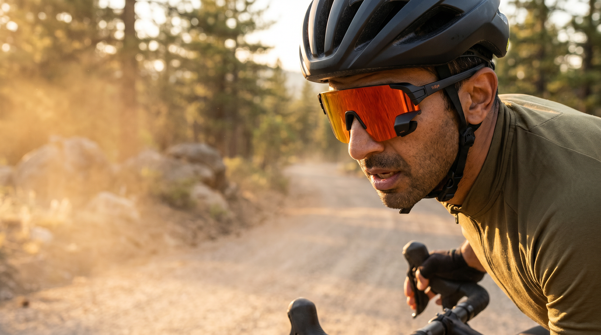 Cyclist closeup on gravel road at sunset, wearing TriEye View Sport with reflective orange lens
