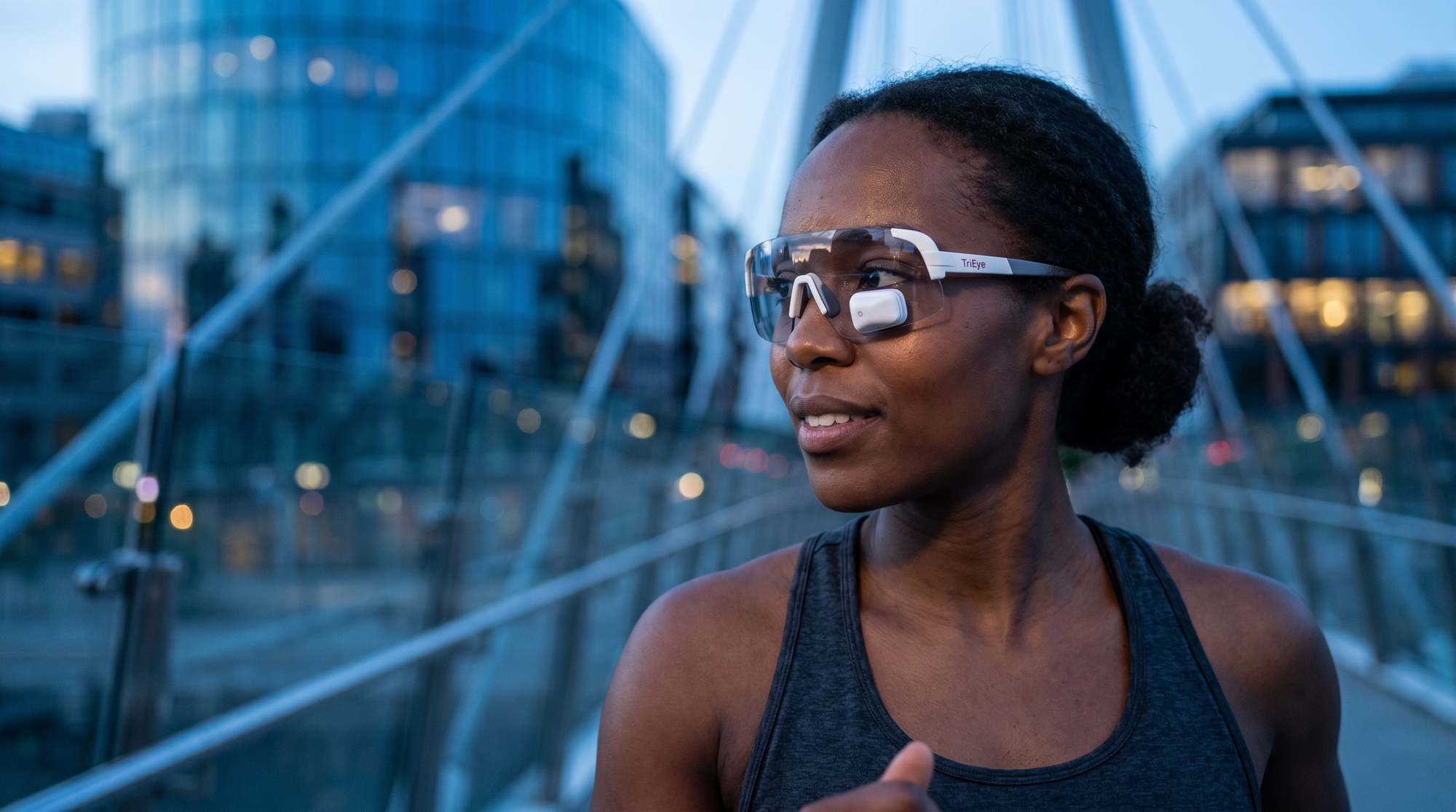 Runner on a bridge at dusk, wearing white-frame TriEye View, urban skyline