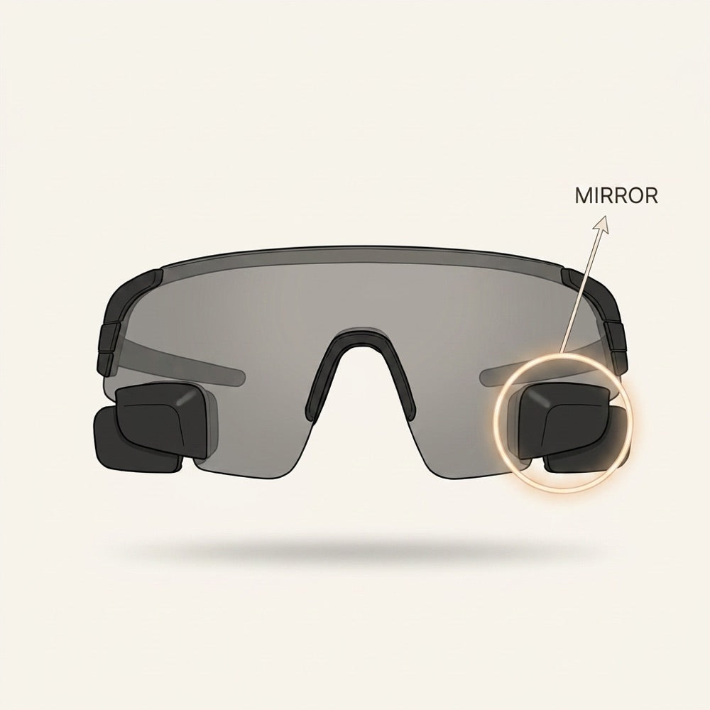 A mirror integrated into the lens edge. Not a clip-on, not an add-on.