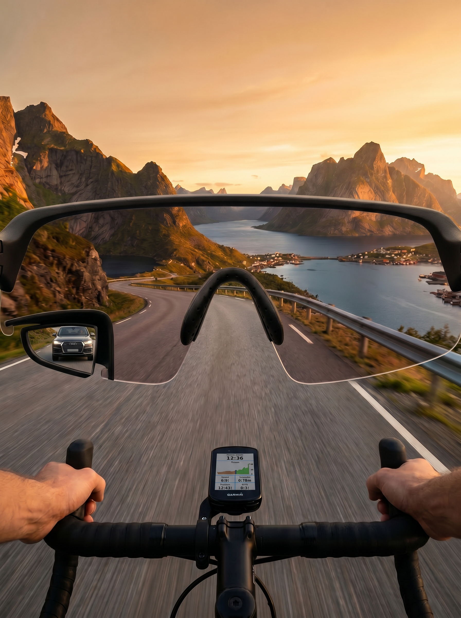 Cyclist's point-of-view through TriEye eyewear, looking ahead at a Norwegian fjord road with the integrated rear-view mirror showing a car approaching from behind