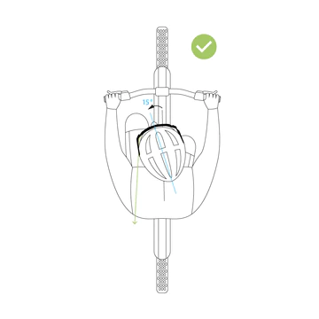 Ilustración en vista superior de una persona con casco, montando en bicicleta con una ligera inclinación de 15 grados hacia la izquierda, y una marca de verificación verde que indica la postura correcta.
