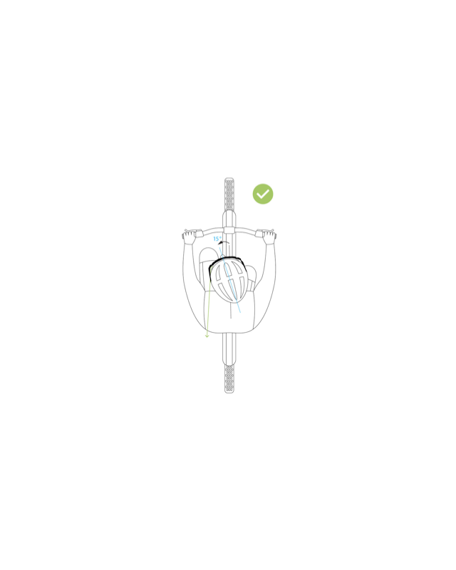 Illustrazione dall'alto di un ciclista che indossa un casco e tiene il manubrio con entrambe le mani, pedalando dritto. Un segno di spunta verde appare in alto a destra, a indicare la corretta tecnica di guida.